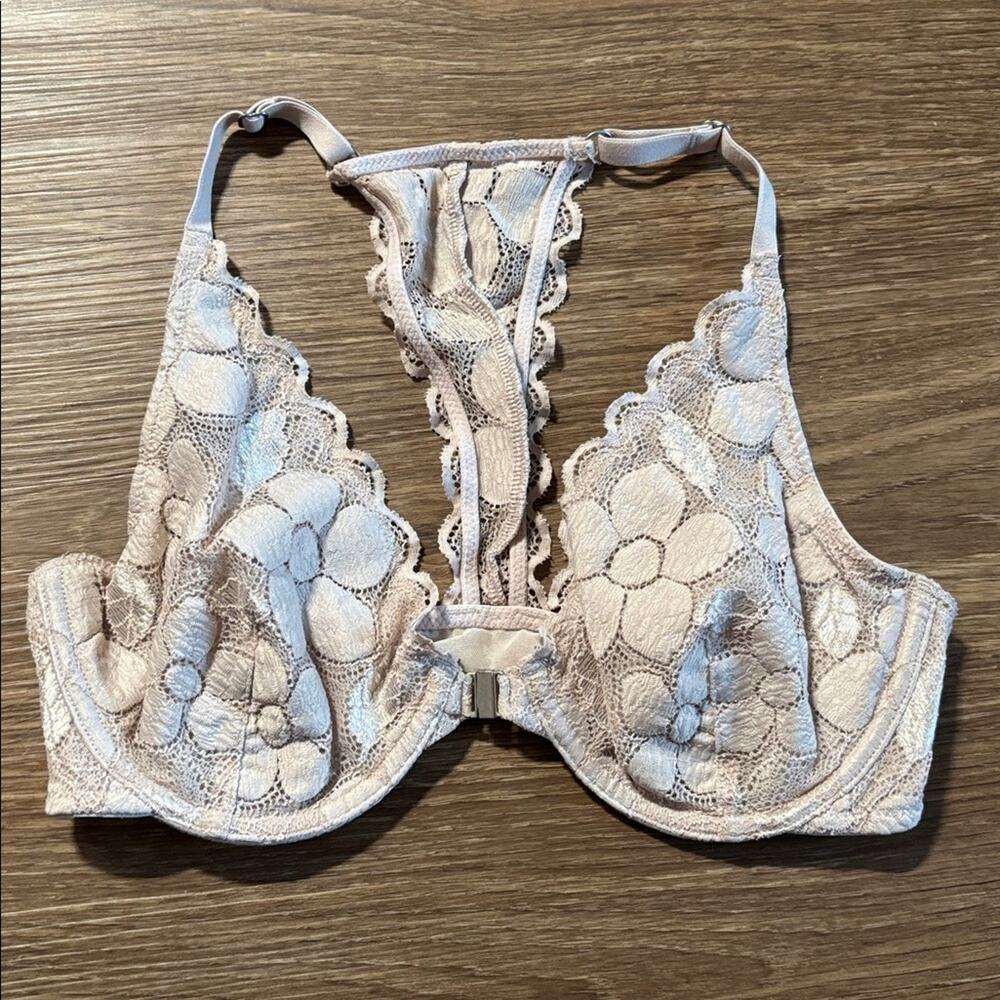 Aerie Happy Black Lace Racerback Bra unlined front clasp floral 32D unlined